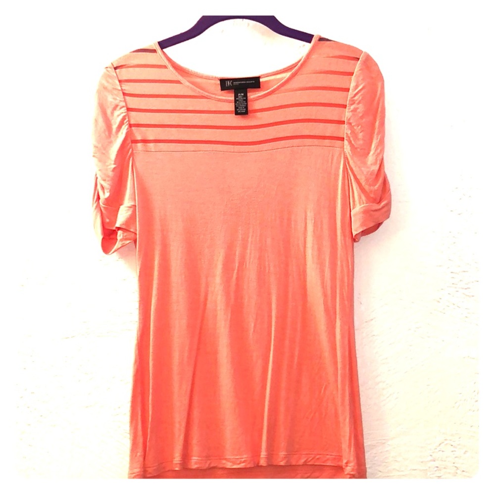 Peach petites shirt with ruched sleeves